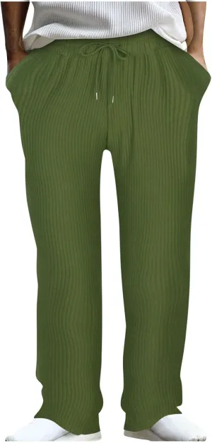 Men's Rib Straight Wide Leg Pants Classic Lounge Athletic Yoga Pants Casual Loose Drawstring Elastic Waist Trousers
