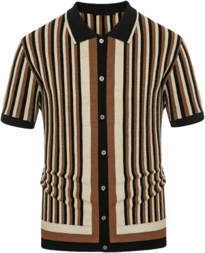 Men's Striped Knit Shirts Men Vintage Cardigans Sweater Short Sleeve Button Down Knitwear
