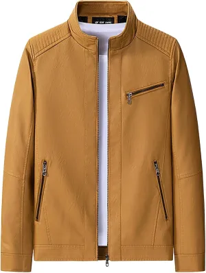 Mens Stylish Faux Leather Jackets Vintage Biker Motorcycle Riding Jackets Stand Collar Trucker Jacket Leather Coat