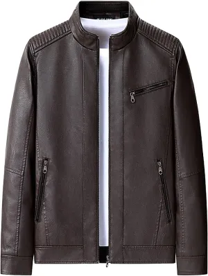 Mens Stylish Faux Leather Jackets Vintage Biker Motorcycle Riding Jackets Stand Collar Trucker Jacket Leather Coat