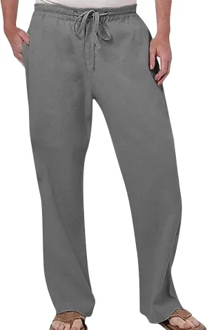 Men's Summer Linen Pants Elastic Waist Drawstring Trousers Loose Fit Print Pants Hiking Hunting Work Joggers