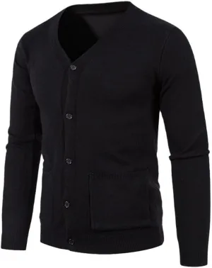 Mens V Neck Button Up Casual Knit Sweater Open Front Cardigan Sweater Long Sleeve Lightweight Slim Fit Outwear