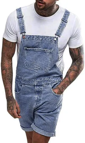 Mens Vintage Short Overalls Denim Bib Shorts Summer Outdoor Distressed Jeans Streetwear Jumpsuit Shorts with Big Pockets