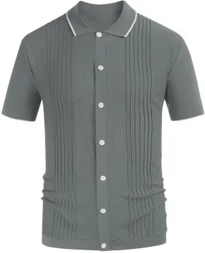 Mens Vintage Striped Polo Shirts Short Sleeve Stripes Button Down Polo Cardigans