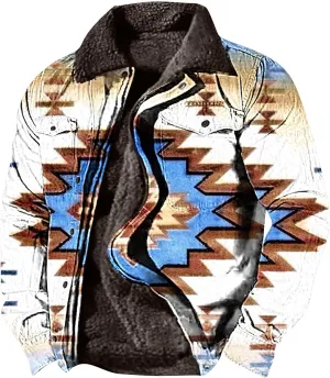 Men's Winter Coats Warm Fleece Lined Jacket Sherpa Turn-Down Collar Jacket Western Patterned Outdoor Thick Coats