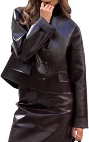 Molilove Womens Faux Leather Jacket Fall Fashion Cropped Jackets Button Down Crew Neck Trendy Leather Jackets Outwear