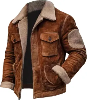 NATHGAM Men's Hunting Suede Jacket Western Fleece Sherpa Lined Vintage Outdoor Work Jacket Plush Lapel Full Zip Bomber Coat