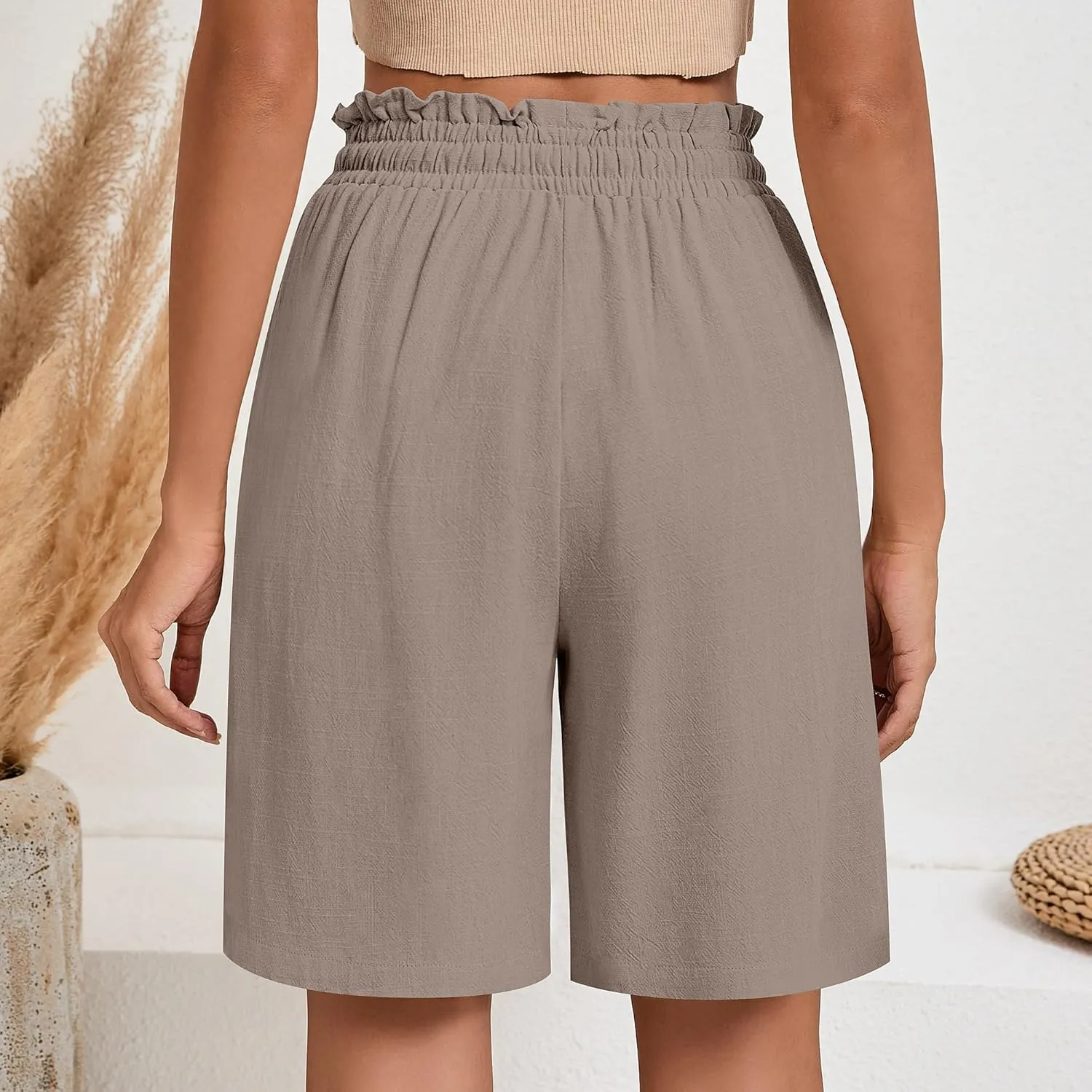 Neer 2 Pcs Women's Linen Summer Shorts Casual Bermuda Wide Leg Mid Length High Waisted Drawstring Short with Pocket