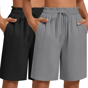 Neer 2 Pcs Women's Linen Summer Shorts Casual Bermuda Wide Leg Mid Length High Waisted Drawstring Short with Pocket