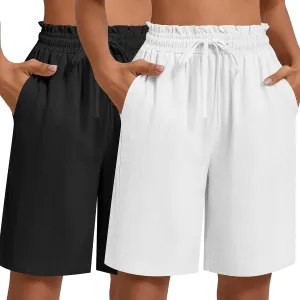 Neer 2 Pcs Women's Linen Summer Shorts Casual Bermuda Wide Leg Mid Length High Waisted Drawstring Short with Pocket