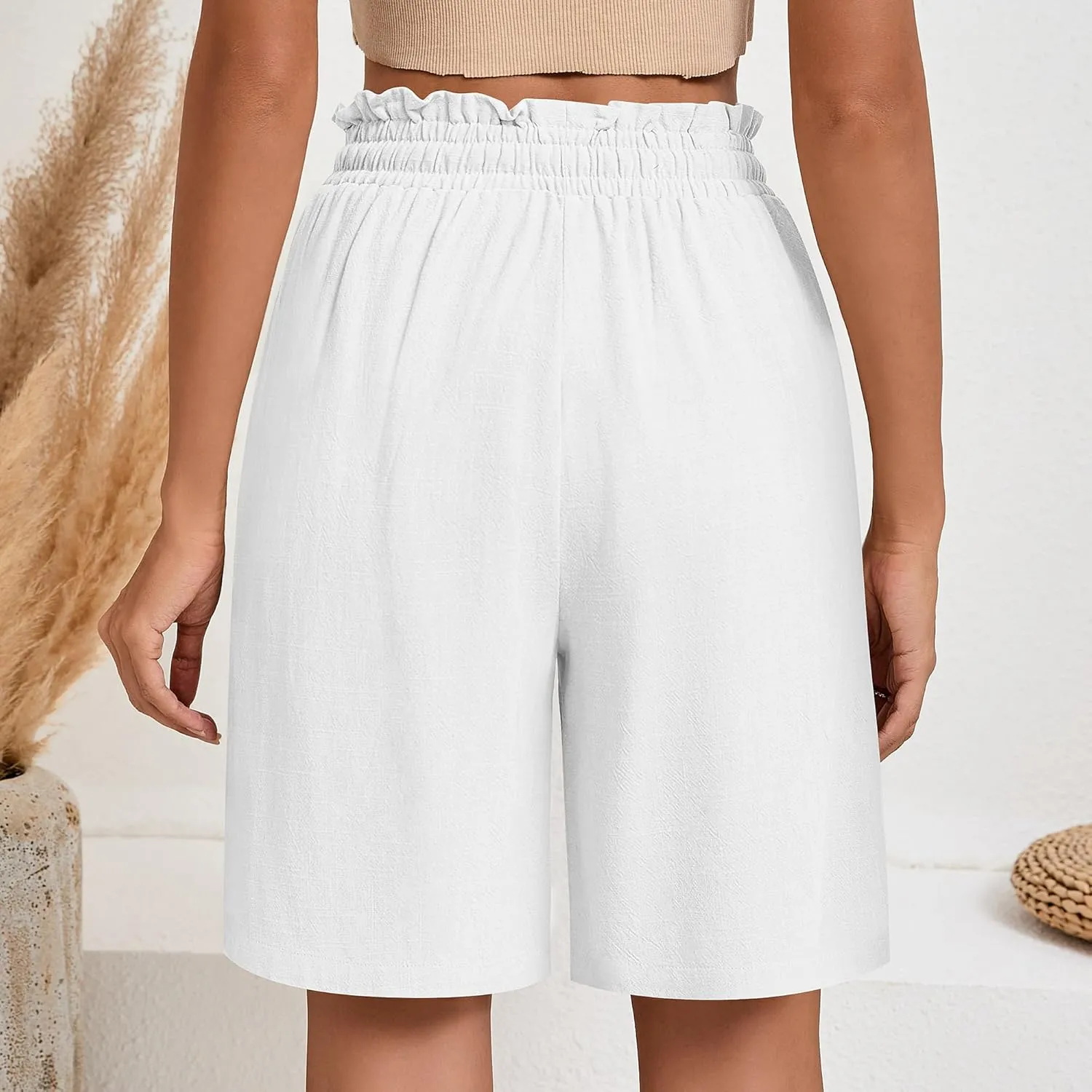 Neer 2 Pcs Women's Linen Summer Shorts Casual Bermuda Wide Leg Mid Length High Waisted Drawstring Short with Pocket