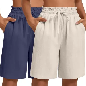 Neer 2 Pcs Women's Linen Summer Shorts Casual Bermuda Wide Leg Mid Length High Waisted Drawstring Short with Pocket