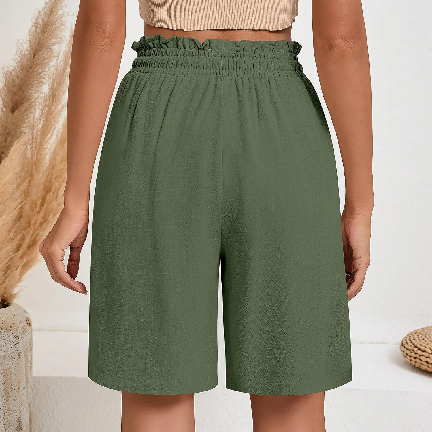 Neer 2 Pcs Women's Linen Summer Shorts Casual Bermuda Wide Leg Mid Length High Waisted Drawstring Short with Pocket