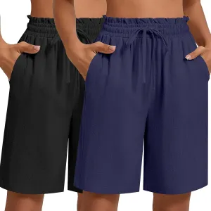 Neer 2 Pcs Women's Linen Summer Shorts Casual Bermuda Wide Leg Mid Length High Waisted Drawstring Short with Pocket