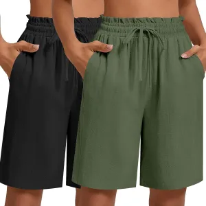 Neer 2 Pcs Women's Linen Summer Shorts Casual Bermuda Wide Leg Mid Length High Waisted Drawstring Short with Pocket