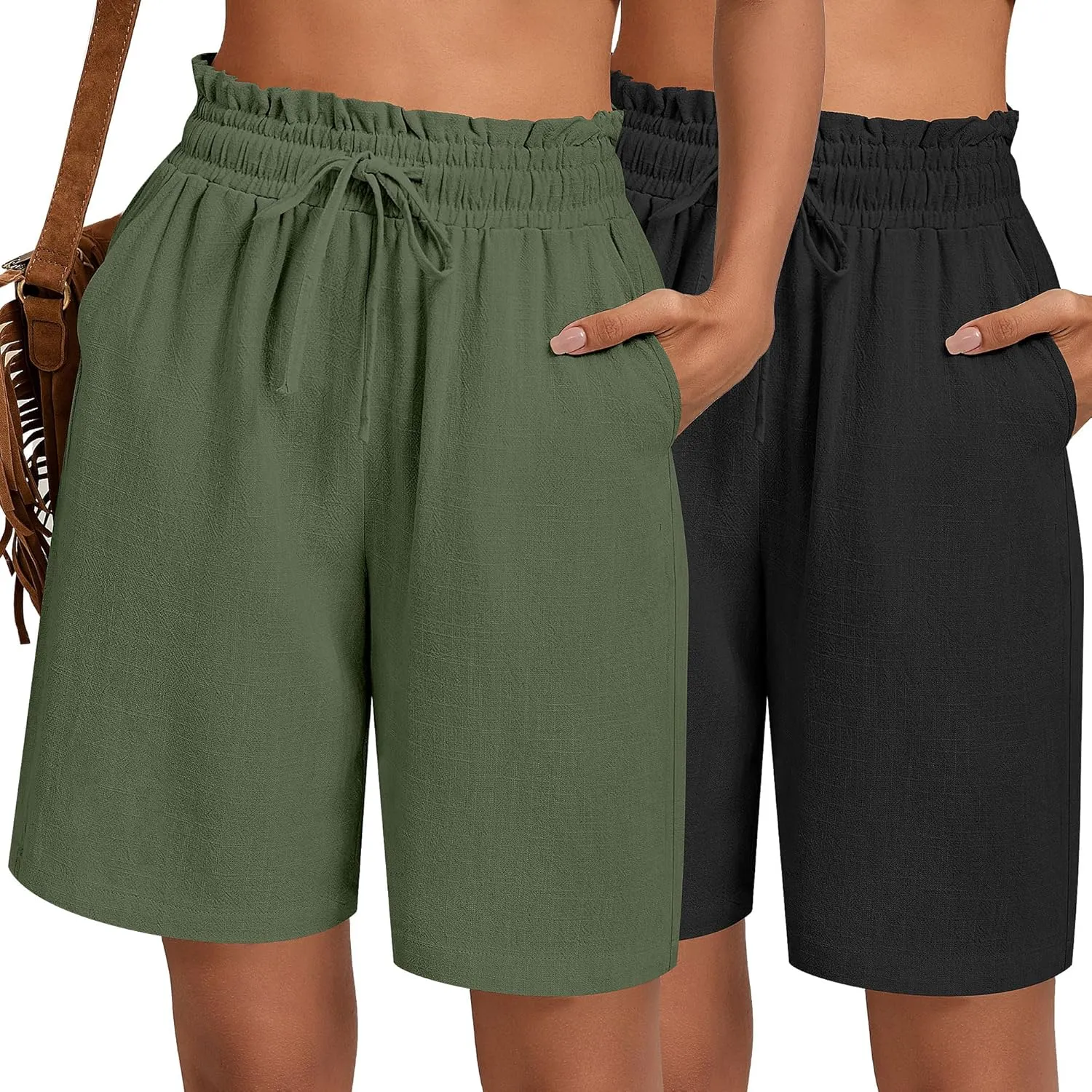 Neer 2 Pcs Women's Linen Summer Shorts Casual Bermuda Wide Leg Mid Length High Waisted Drawstring Short with Pocket