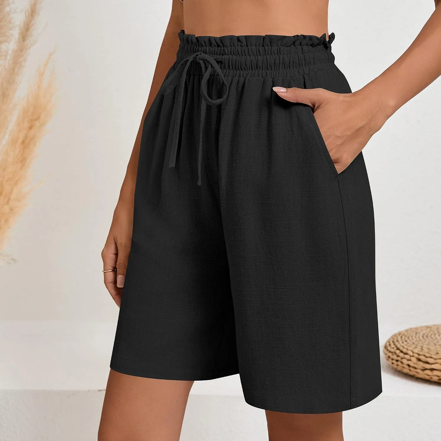 Neer 2 Pcs Women's Linen Summer Shorts Casual Bermuda Wide Leg Mid Length High Waisted Drawstring Short with Pocket