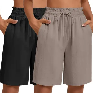 Neer 2 Pcs Women's Linen Summer Shorts Casual Bermuda Wide Leg Mid Length High Waisted Drawstring Short with Pocket