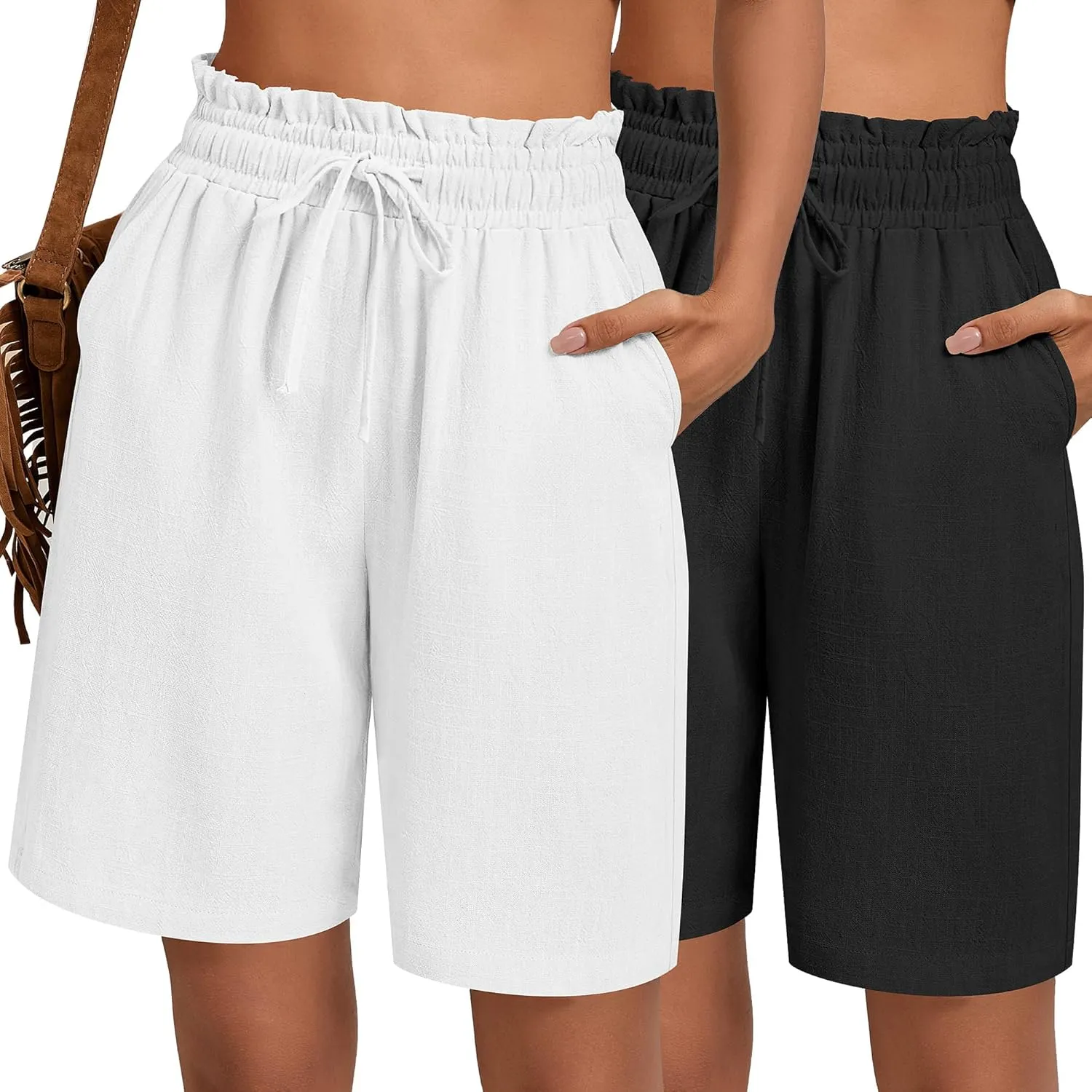 Neer 2 Pcs Women's Linen Summer Shorts Casual Bermuda Wide Leg Mid Length High Waisted Drawstring Short with Pocket