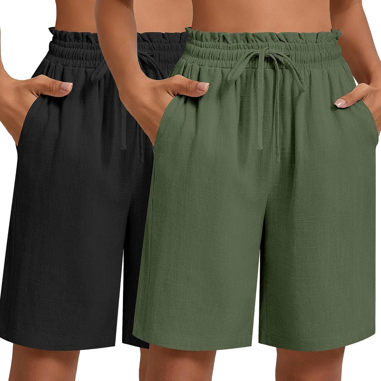 Neer 2 Pcs Women's Linen Summer Shorts Casual Bermuda Wide Leg Mid Length High Waisted Drawstring Short with Pocket