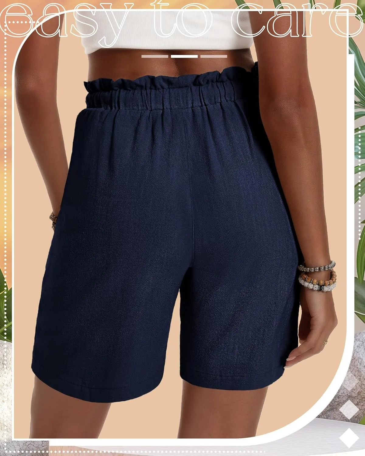 Neer 3 Pack Women's Linen Summer Bermuda Shorts Wide Leg Cotton Casual High Waist Drawstring Mid Length Shorts with Pockets