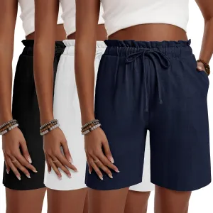 Neer 3 Pack Women's Linen Summer Bermuda Shorts Wide Leg Cotton Casual High Waist Drawstring Mid Length Shorts with Pockets