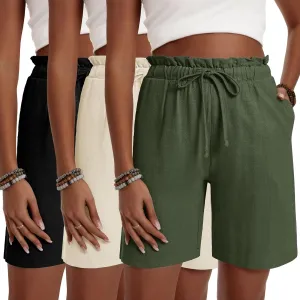 Neer 3 Pack Women's Linen Summer Bermuda Shorts Wide Leg Cotton Casual High Waist Drawstring Mid Length Shorts with Pockets