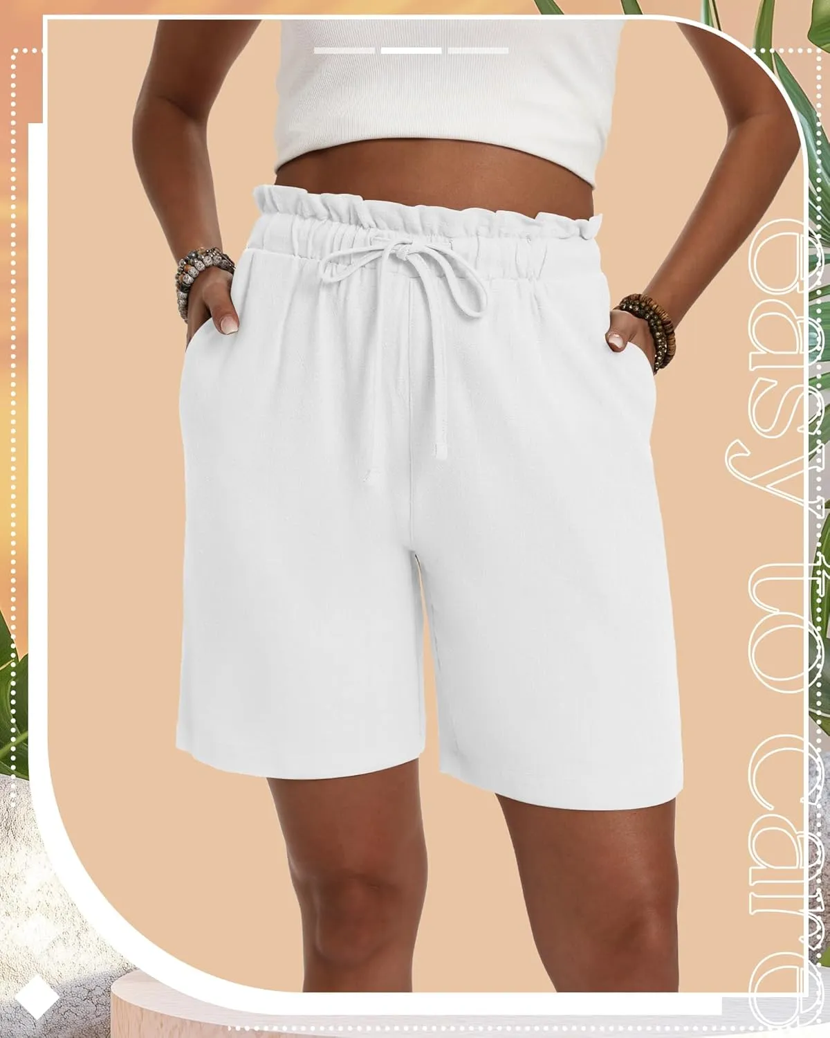 Neer 3 Pack Women's Linen Summer Bermuda Shorts Wide Leg Cotton Casual High Waist Drawstring Mid Length Shorts with Pockets