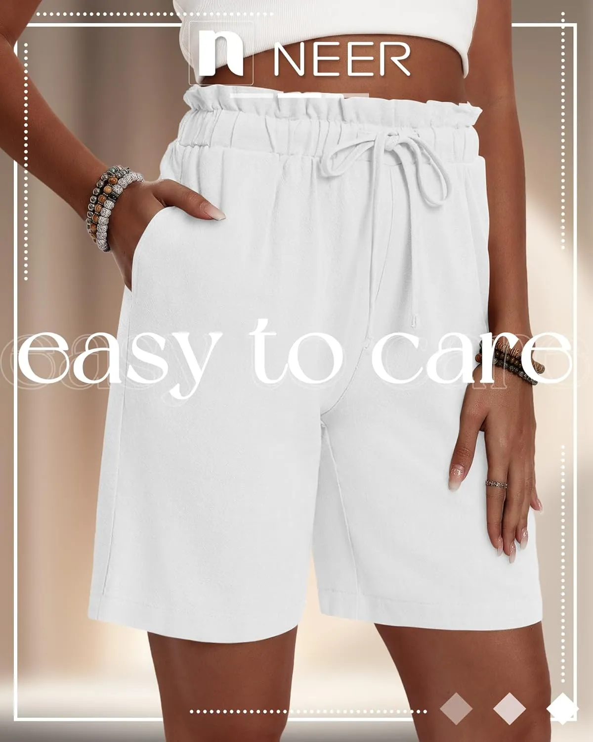 Neer 3 Pack Women's Linen Summer Bermuda Shorts Wide Leg Cotton Casual High Waist Drawstring Mid Length Shorts with Pockets