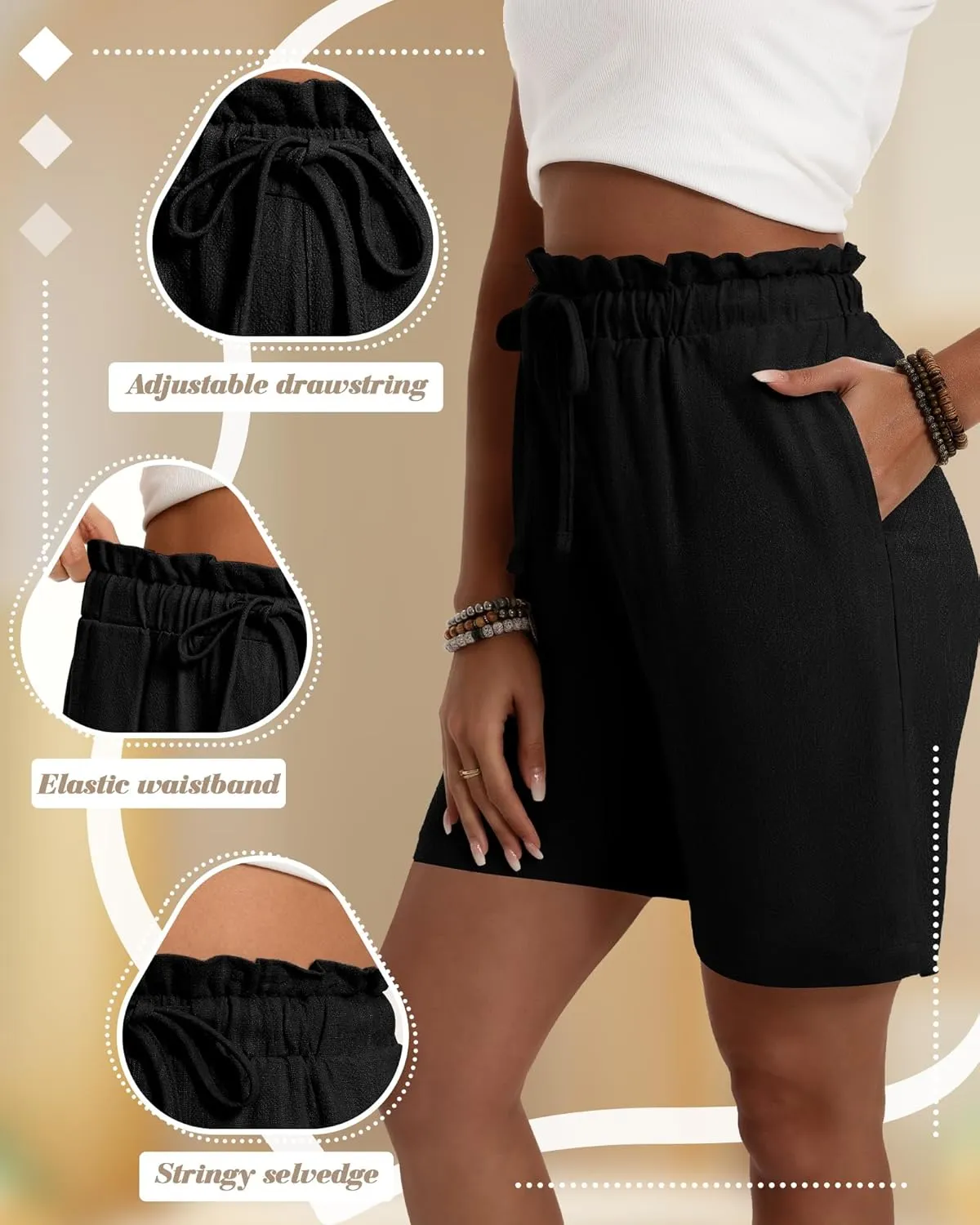 Neer 3 Pack Women's Linen Summer Bermuda Shorts Wide Leg Cotton Casual High Waist Drawstring Mid Length Shorts with Pockets