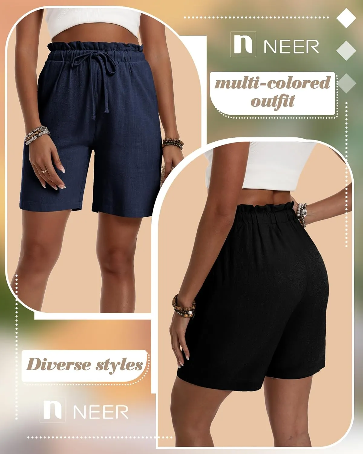 Neer 3 Pack Women's Linen Summer Bermuda Shorts Wide Leg Cotton Casual High Waist Drawstring Mid Length Shorts with Pockets