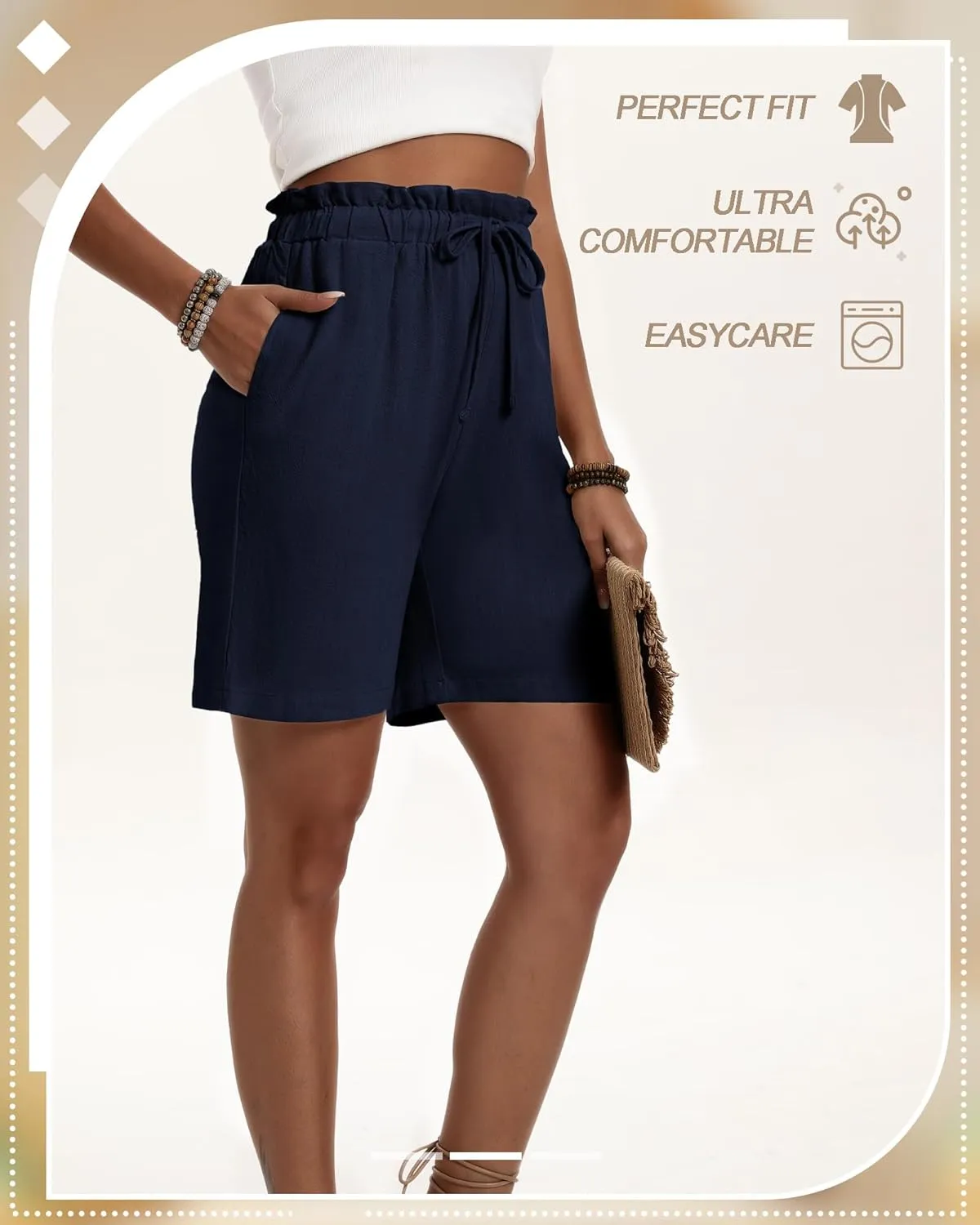 Neer 3 Pack Women's Linen Summer Bermuda Shorts Wide Leg Cotton Casual High Waist Drawstring Mid Length Shorts with Pockets