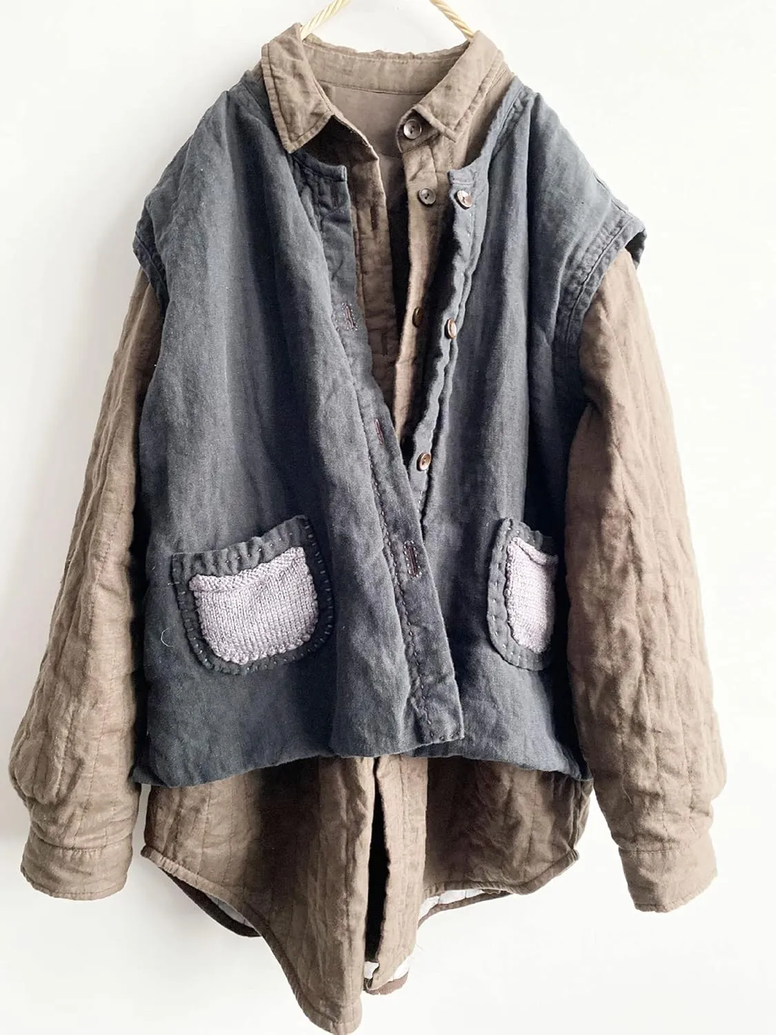 NFYM Women's Linen Vest Thin Quilted Mid Length Button Down Sleeveless Jacket with Hand Woven Pockets