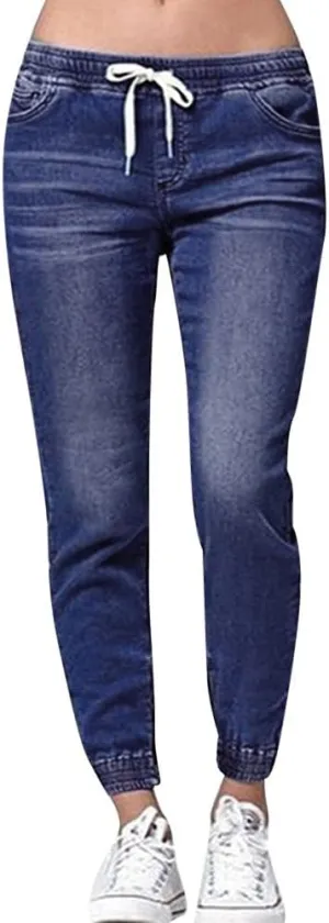 Nyybw Women's Skinny Stretch Elastic Waist Pull-On Jeans Plus Size High Waisted Pants Stretch Casual with Drawstring & Pocket