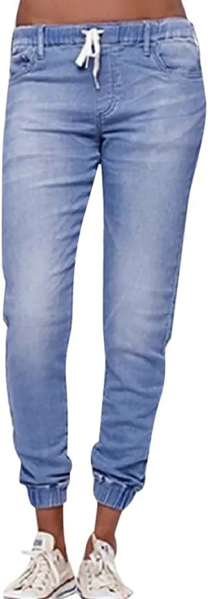 Nyybw Women's Skinny Stretch Elastic Waist Pull-On Jeans Plus Size High Waisted Pants Stretch Casual with Drawstring & Pocket