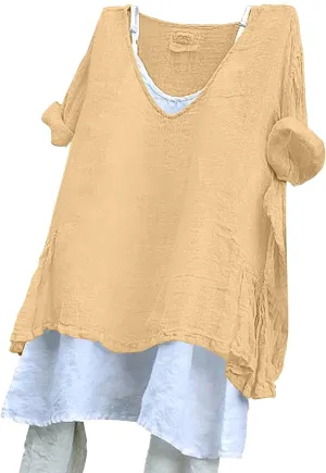 Oversized Linen T Shirts for Women Vaction Clothes with No Lining Casual Summer Short Sleeve V-Neck Peasant Tops