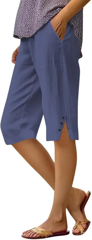 Pedal Pushers for Women Casual High Waisted Wide Leg Linen Bermuda Shorts Loose Fit Beach Capri Pants with Pockets