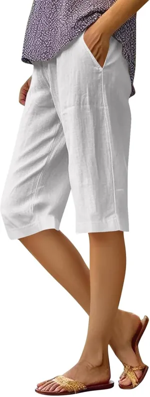 Pedal Pushers for Women Elastic High Waisted Bermuda Shorts Comfy Casual Summer Linen Wide Leg Shorts with Pockets