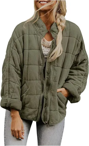 Quilted Jackets for Women Long Sleeve Zip Up Stand Collar Jacket Coat Loose Fit Puffer Jackets Winter Warm Outwear Coats