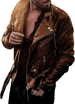 QWENTMTNTY Men's Faux Leather Biker Jacket Regular Fit Casual Fashion Motorcycle Leather Jacket Waterproof Moto Riding Coat