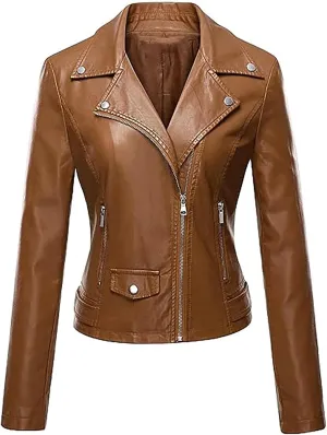 returns pallets for sale Womens Faux Leather Jackets Long Sleeve Lapel Zip Slim Fit Cropped Jacket Motorcycle Biker Coat with Zipper Pockets Brown X-Small
