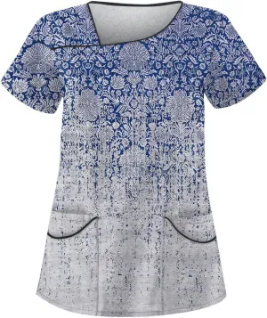 Scrubs for Women Short Sleeve Slant Collar Care Workwear Dressy Print T Shirts Classic Scrubs Tops with 4 Pockets