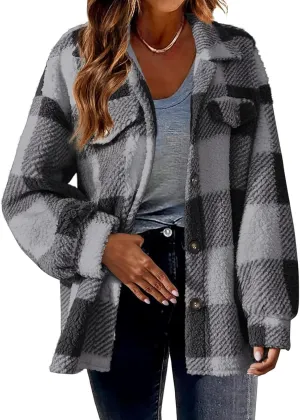 Sherpa Jacket Women With Hood Fuzzy Fleece Plaid Button Up Chunky Cardigan Sweaters For Women Wool Oversized Winter Women Coat Fall Fashion Womens Shirts Fall Dark Gray Xl