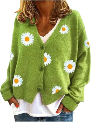 Stessotudo Womens Winter Sweaters Daisy Print Long Sleeve Cardigans Button Down Loose Fit Knitted Casual Cute Trendy Coats