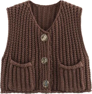 Sweater Vest Women Button Up Sleeveless Cropped Knit Vest Casual Chunky Vest With Pockets Fall Tops Knit Cardigan