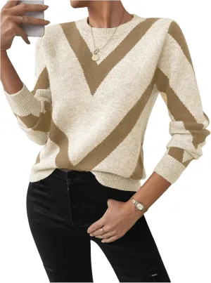 SweatyRocks Women's Patterned Fuzzy Knit Business Sweater Long Sleeve Chunky Loose Fit Pullover Top