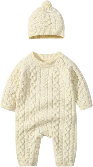 ToddlBy Unisex Baby Girl Boy Knitted Sweater Romper Jumpsuit Long Sleeve Solid Cable Knit Bodysuit (Beige, 12-18 Months) i1845l