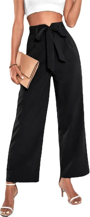 TOSHIKII Women's Casual Wide Leg Pants Bow Tie Elastic High Waist Work Trousers Straight Leg Loose Pants with Pockets
