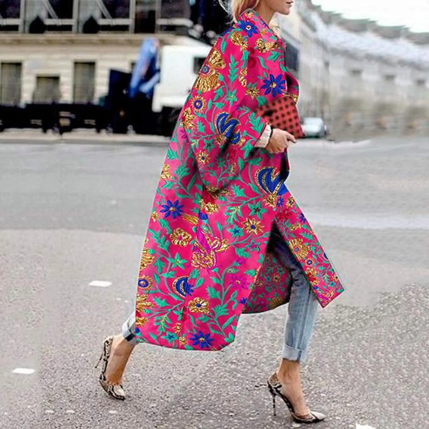 Trench Coat for Women's Oversized Fashion Printed Jackets Boho Long Cardigans Casual Open Front Coats Outerwear