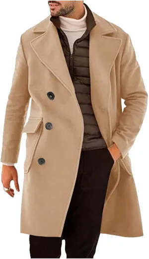 Trench Coat Men Pea Coats Slim Fit Notched Collar Wool Blend Jackets Business Overcoat Single Breasted Winter Jackets